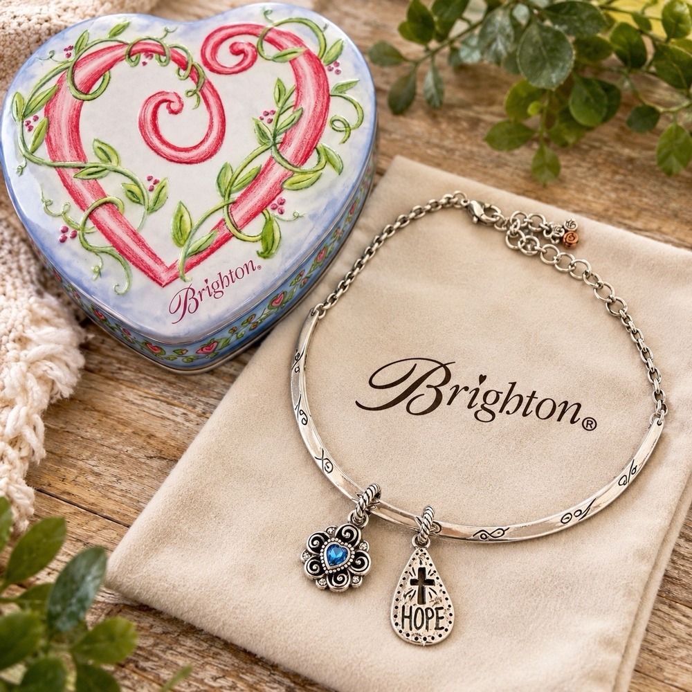 Brighton Monogram Choker Necklace Hope Cross Azure Heart Charm Silver Tone